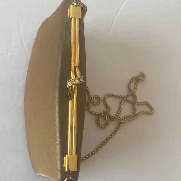 Vintage RODO Italy Evening Bag Purse Bronze Satin Clutch Gold Chain Crystal - Picture 5 of 16